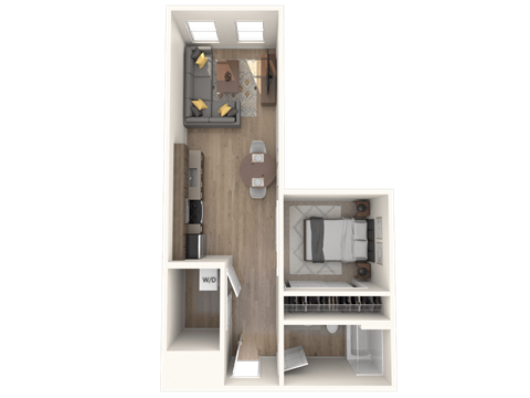 Floor plan for 1 bed, 1 bath, 602 sqft
